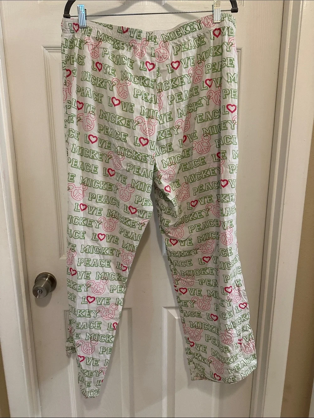 Disney White Pajama Pants with Pink Peace Signs, Red Hearts & Green Text - Picture 3 of 4